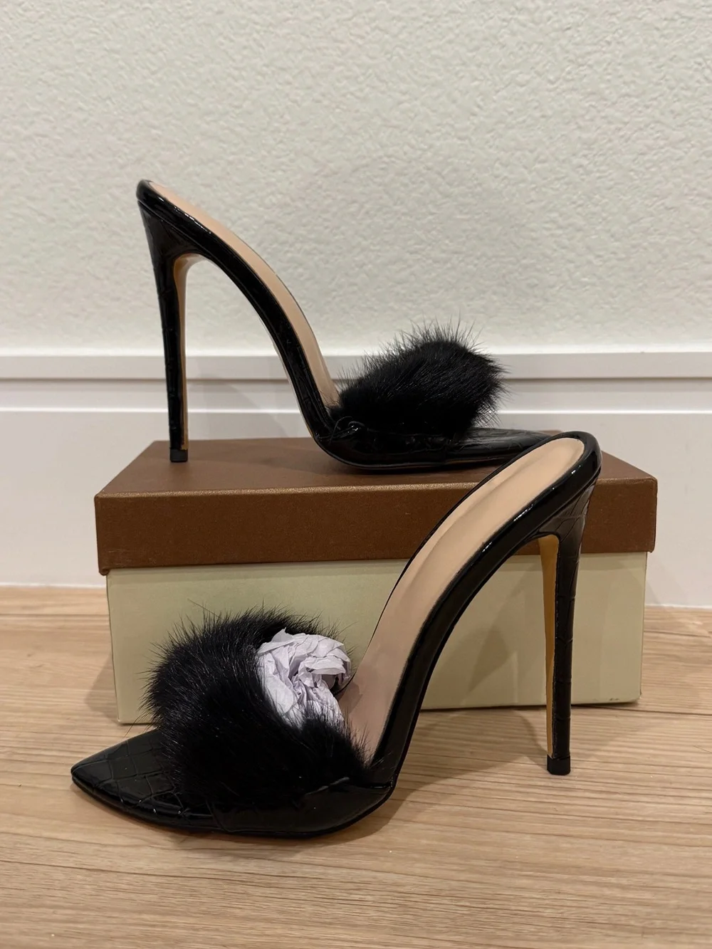 Black Fur-Trim High Heel Mule